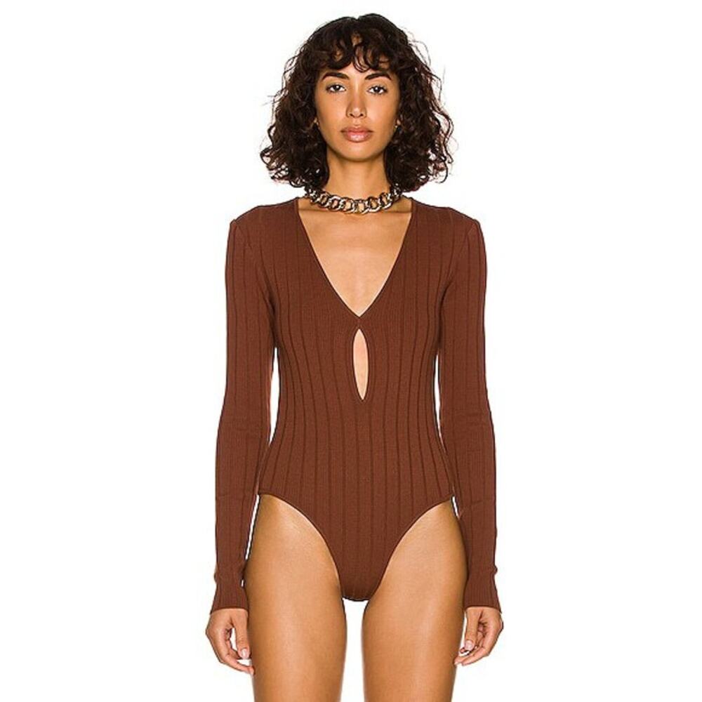 NWT Zeynep Arcay Drop V Neck Knit Bodysuit Cutout Long Sleeve Brown Size 6